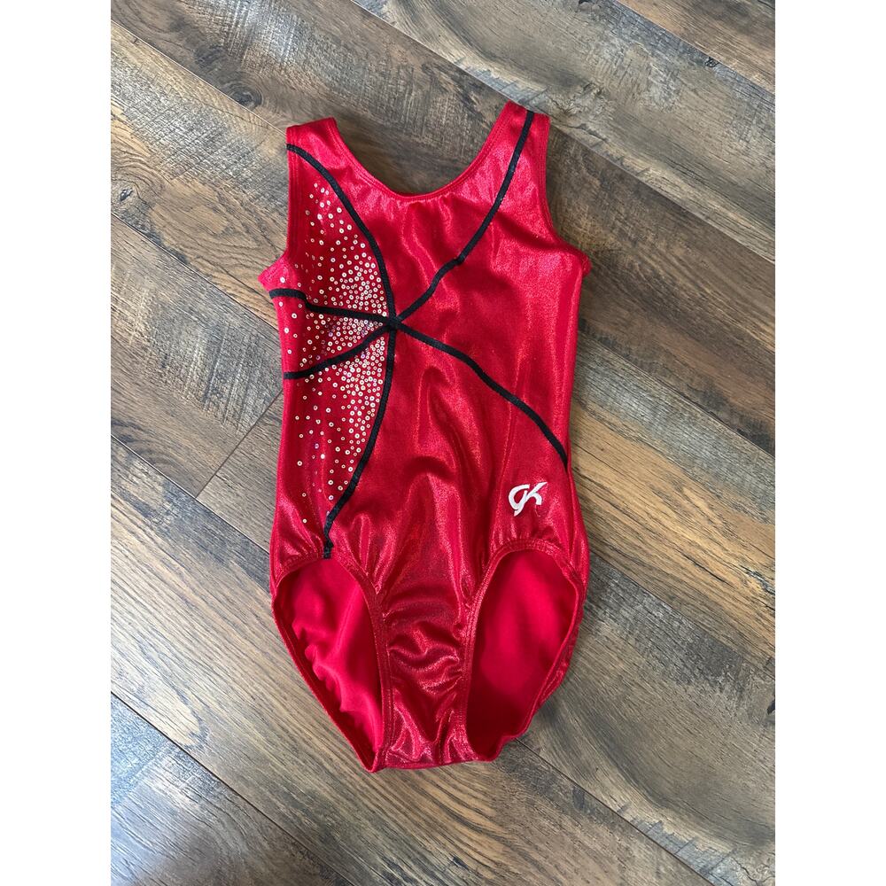 Red Shimmer GK Leotard with Black and Gem Design (CL)